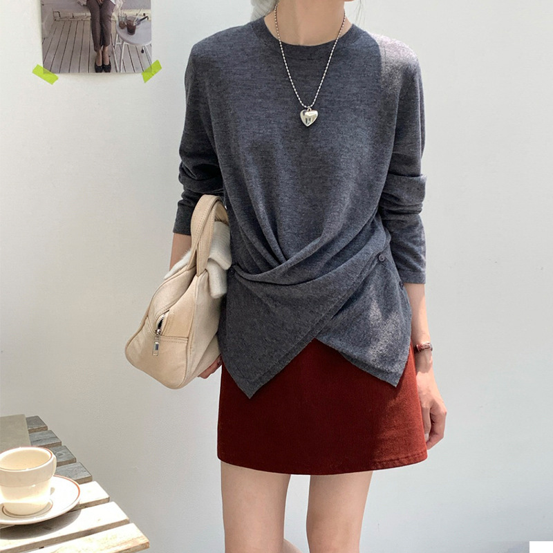 Ai Irregular Cross Round Neck 100% Pure Wool Base Shirt for Women, Early Spring Thin Long Sleeve Slimming Round Neck Knit Sweater