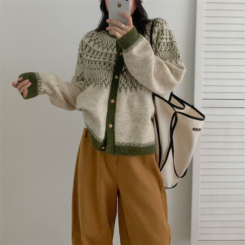 Fair Isle Sweater Women's Jacket 2025 Korean Autumn and Winter New Loose and Easiest for Match Gentle Style Soft Waxy Knitted Cardigan for Women