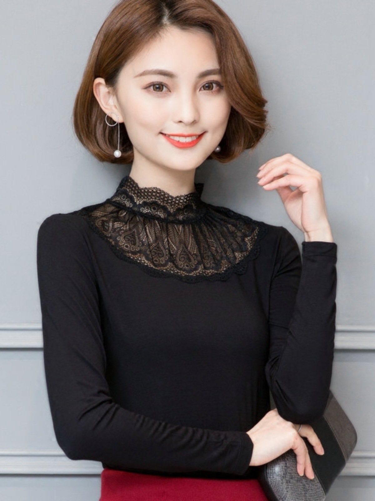 春秋季女装内搭半高领莫代尔打底衫长袖立领t恤修身蕾丝小衫秋衣