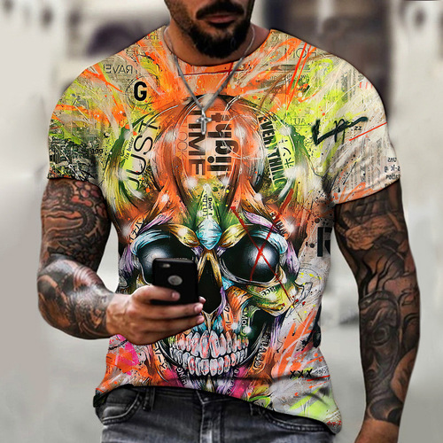 Summer New Print T-shirt Round Neck Short Sleeve Men Cross-border Digital Dark Horror Skull 3D Printed Dots