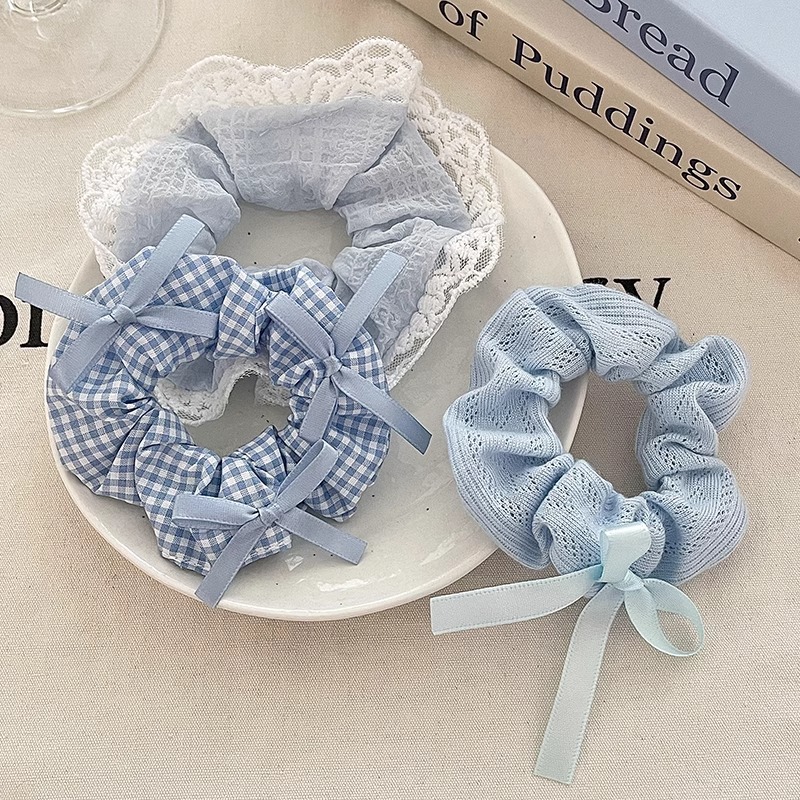 Azul pequeño arco fresco anillo de cabello intestino grueso encaje de encaje de cabello de cola de caballo de alto valor facial cuerda de cabeza de banda de goma