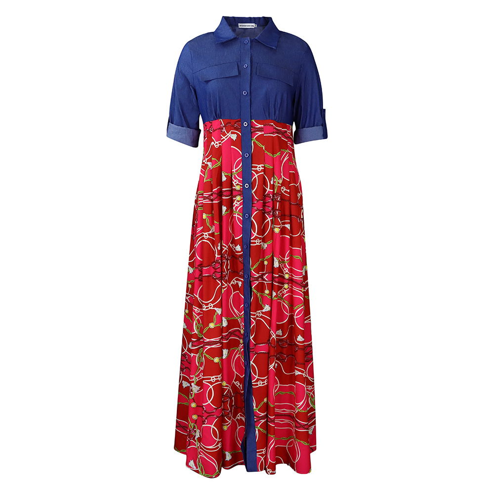 Abito da sera lungo da donna con stampa e dettagli in denim_voghion.com