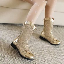 女童亮片时尚公主短靴马丁靴2025新款儿童中筒靴女孩走秀演出皮靴