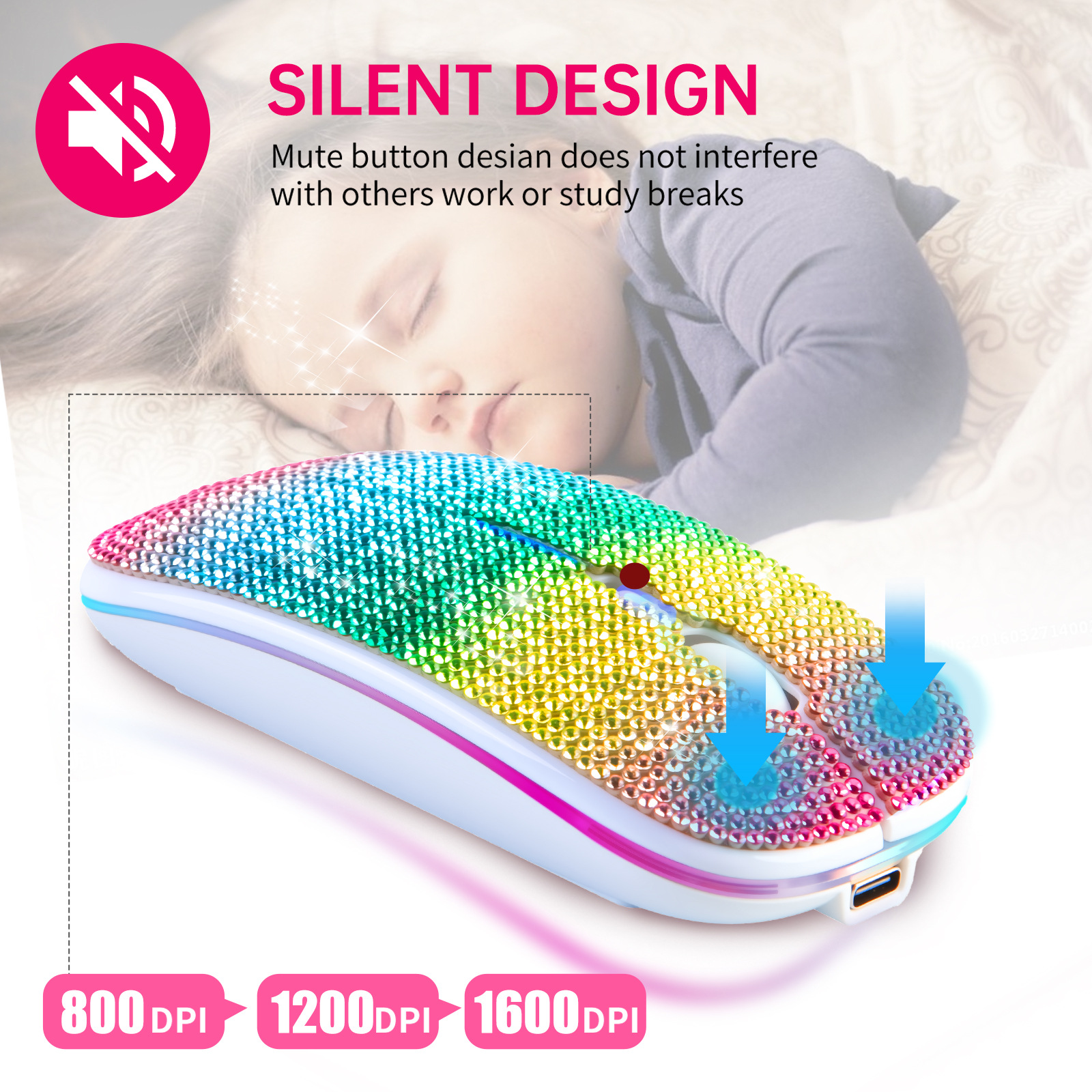 Bling Dazzling Mouse With Rhinestone Embroidery USB Bluetooth Dual Mode Illuminated Rechargeable Silent Wireless Computer Mouse_voghion.com