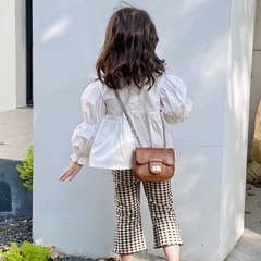 Children's Spring 2024 Korean Version New Style Girls' Stand Collar Bubblesleeve Doll Shirt Girls' Solid Color Shirt Top