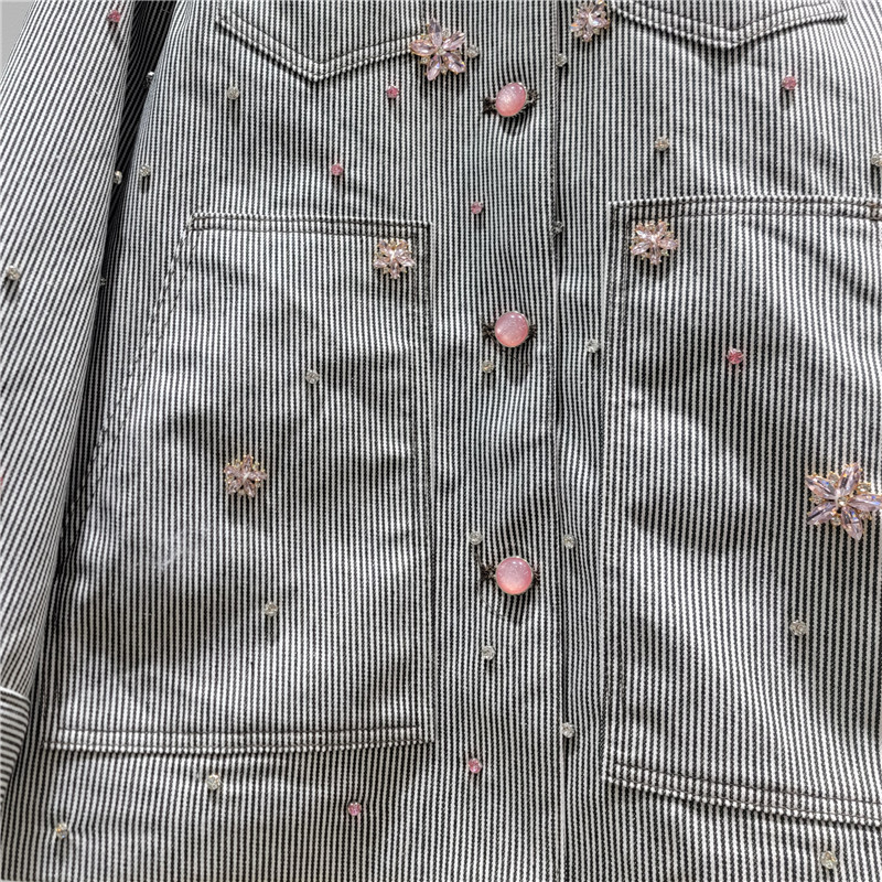 Flores de diamante de rayas chaqueta denim mujer otoño invierno 2025 nuevo estilo coreano suelto chaqueta de textura casual