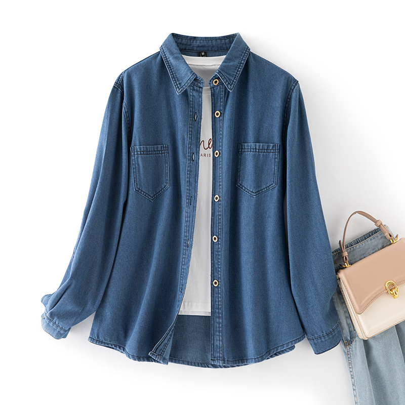 2026 Women's Denim Shirt Spring/Summer New Thin Soft Drape Casual Loose Fit Turn-Down Collar Pocket Long Sleeve Jacket