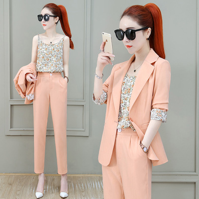 2021年新款气质职业套装女夏雪纺短袖西装薄款西裤洋气时尚三件套