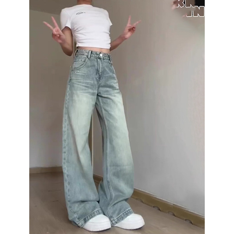 美式复古高腰阔腿牛仔裤女春季2025新款款休闲宽松显瘦垂感直筒裤|undefined