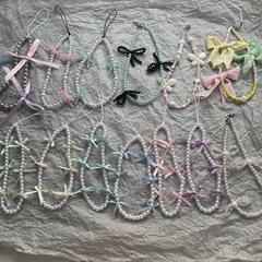 Ins韓風輕奢珍珠蝴蝶結手機掛繩手工串珠百搭包包掛飾彩色少女心