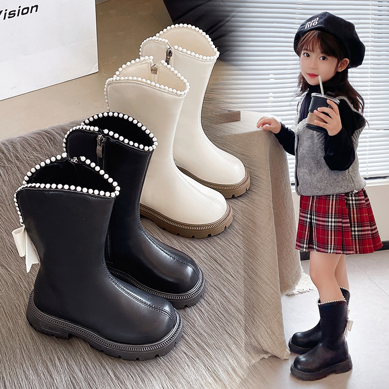 Girls' Shoes Kidsren's Long Boots 2024 Autumn and Winter New Style Winter Long Leather Boots Princess Style Girls Fleece-Lined