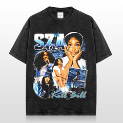 Cross-border American retro hip-hop poem SZA printed t-shirt washing loose round neck heavy pure cotton small neck trendy t