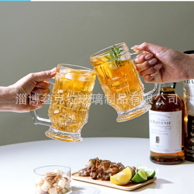 批发韩式方格400ml把杯啤酒杯带把手莫吉托酒杯甘帕伊高杯洋酒杯