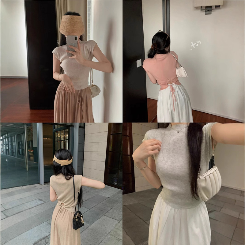 Women's Knitted Shirt with Half-High Collar Ice Silk Short-Sleeved T-Shirt for Summer French Unique Chic Short Flying Sleeve Pink Top