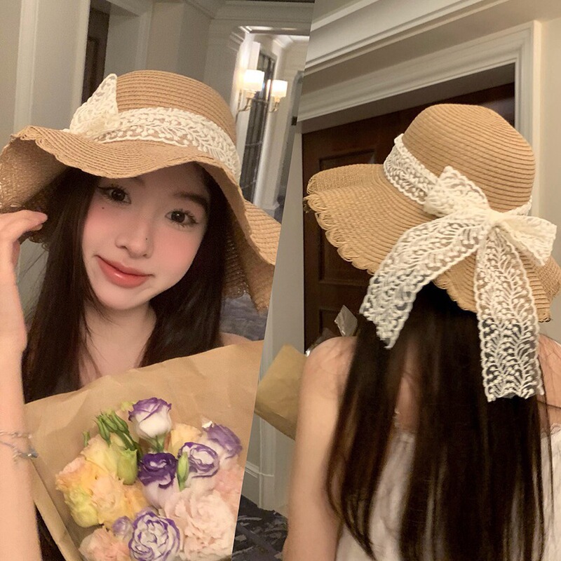 New Lace Straw Hat Women's Seaside Holiday Beach Big Eave Anti-UV Sunshade Hat French Dome Woven Hat