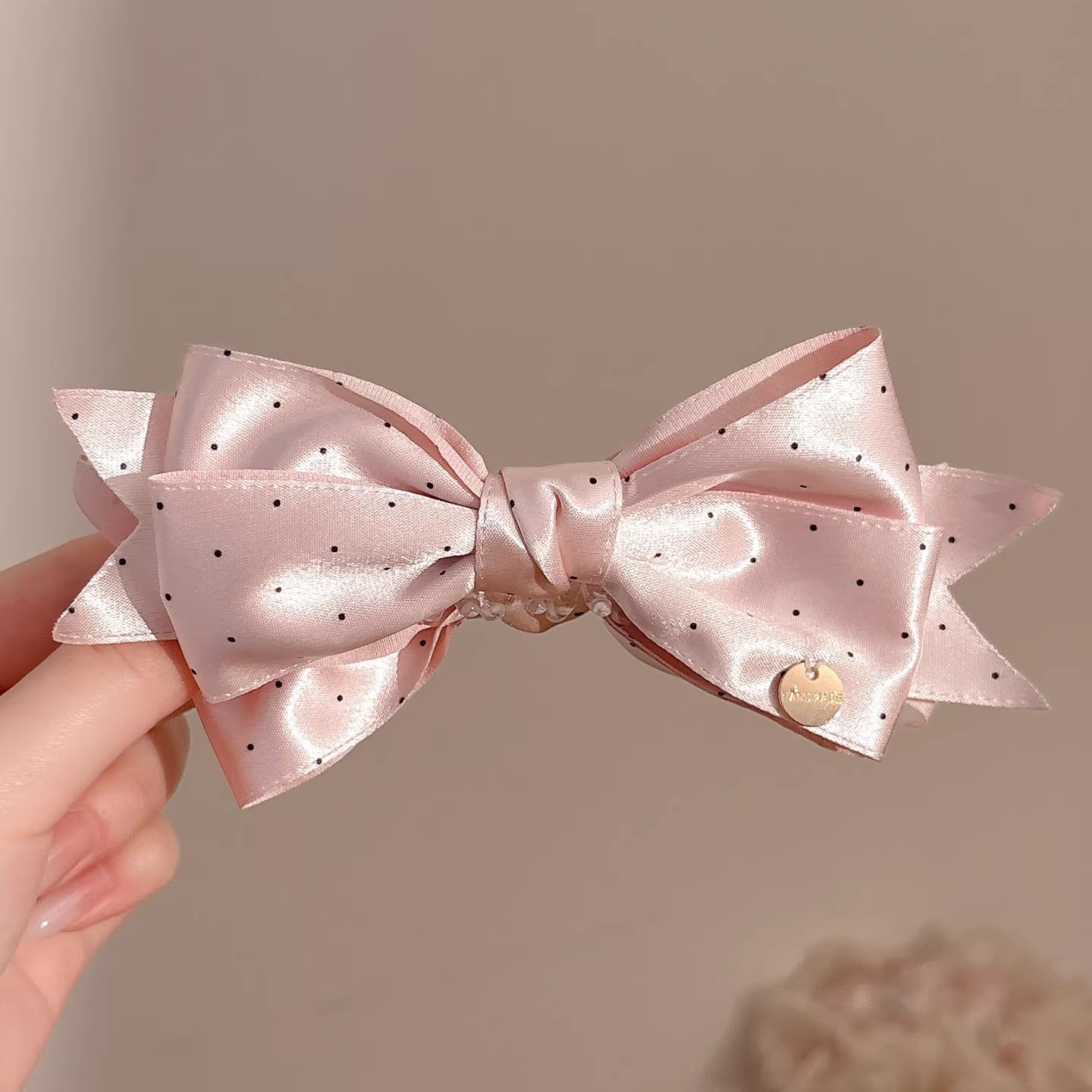 1# pink polka dot bow banana clip - bottom clip approximately 10cm