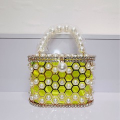 Hollowed-out pearl water diamond starling bird cage evening bag trending stylish women's handbag with chain shoulder strap and crossbody strap, high-end