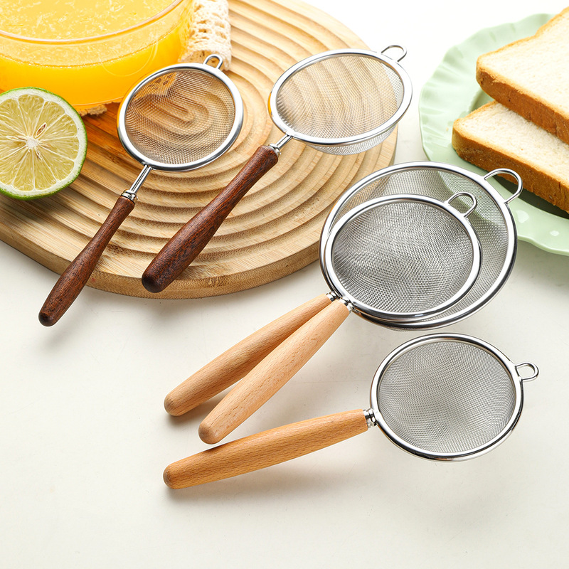 Wooden Handle 304 Stainless Steel Small Mesh Baby Food Supplement Mesh Colander Soy Milk Juice Filter Sieve Mini Flour Sieve