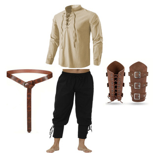 4Pcs Halloween Men Renaissance Costume Set Medieval Pirate Shirt Ankle Strap Pants