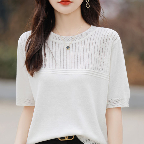 Summer solid color hollow knitted ice silk short-sleeved new design half-sleeved women's top for middle-aged mothers