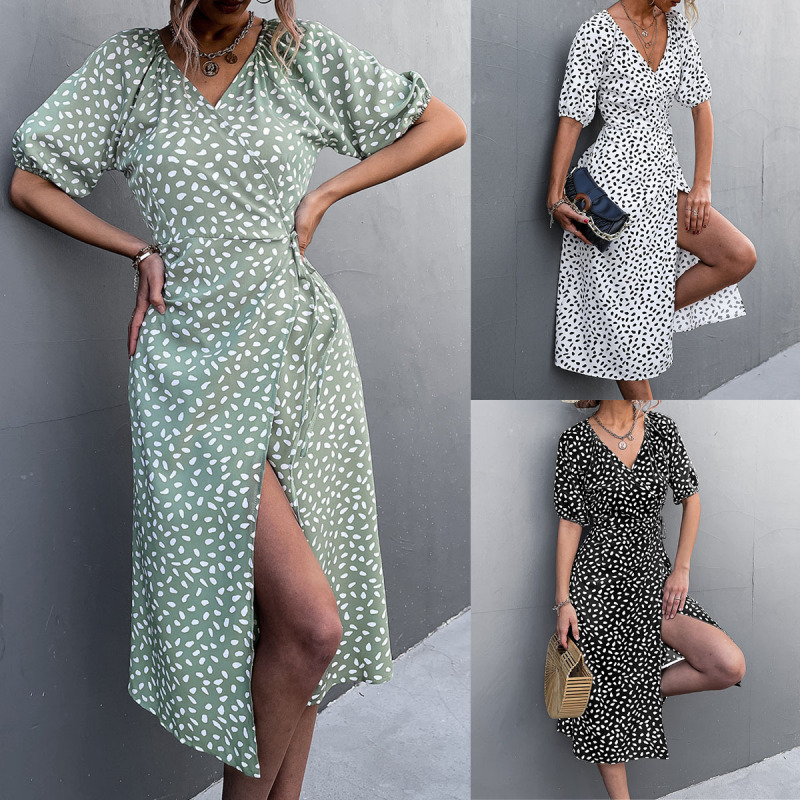 Cross-Border Women's Clothing 2026 Spring/Summer New Arrivals Independent Site Ebay Hot-Selling Cross V-Neck Stone Flower Slit Dress for Women