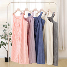 跨境小条纹珊瑚绒百变浴裙加厚吸水柔软女士可穿可裹吊带浴巾浴袍