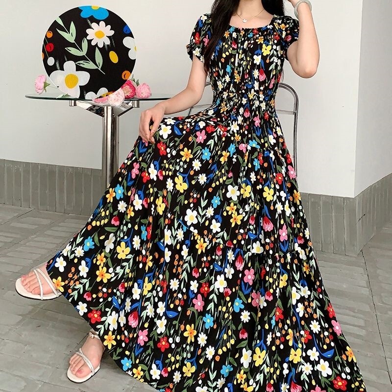 High-Waisted Printed Cotton Dress for Women, New Summer Style Artificial Cotton Long Dress, Bohemian Floral Dress