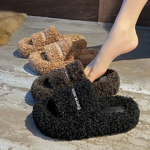 Thick-soled letter lamb fur slippers for women's outer wear  new autumn and winter Internet celebrity women's plus velvet casual cotton half slippers