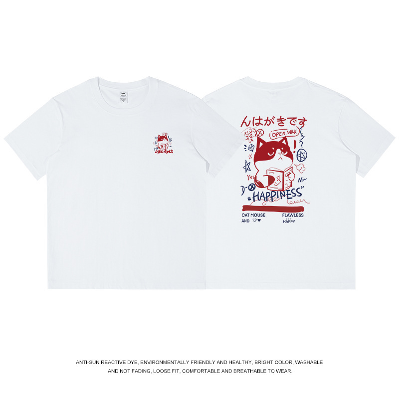 通勤用、普段着に使える、猫プリントの純綿半袖Tシャツ。メンズ、レディース兼用、和風レトロ、新作、ラウンドネック、夏服、トレンドブランド。|undefined