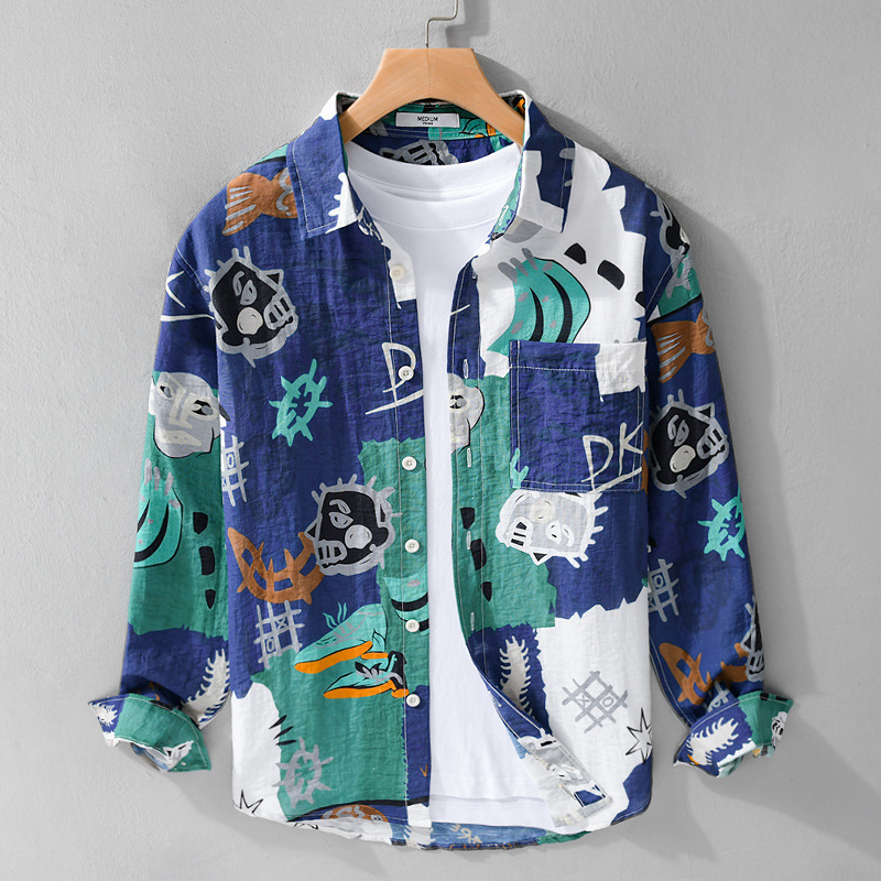 Light Luxury Retro Printed Shirt Men's Long-Sleeved Spring and Summer New Linen Casual Shirt European Fashion Thin Jacket Inch Shirt