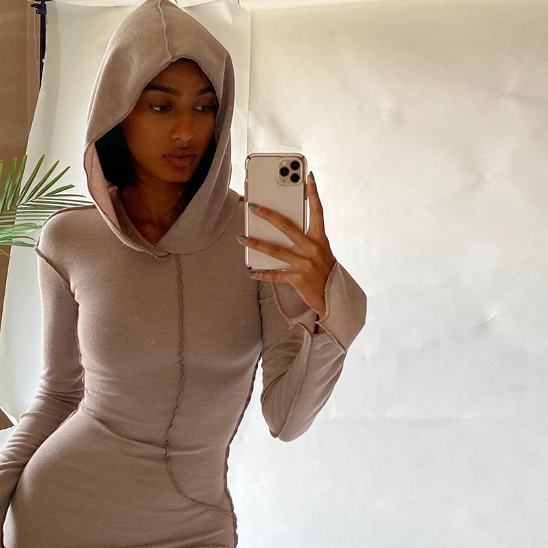 European and American Cross-Border Summer New Solid Color Hooded Long-Sleeve Slim-Fit Street Style Long Bodycon Dress for Women European and American Cross-Border Summer New Solid Color Hooded Long-Sleeve Slim-Fit Street Style Long Bodycon Dress for Women