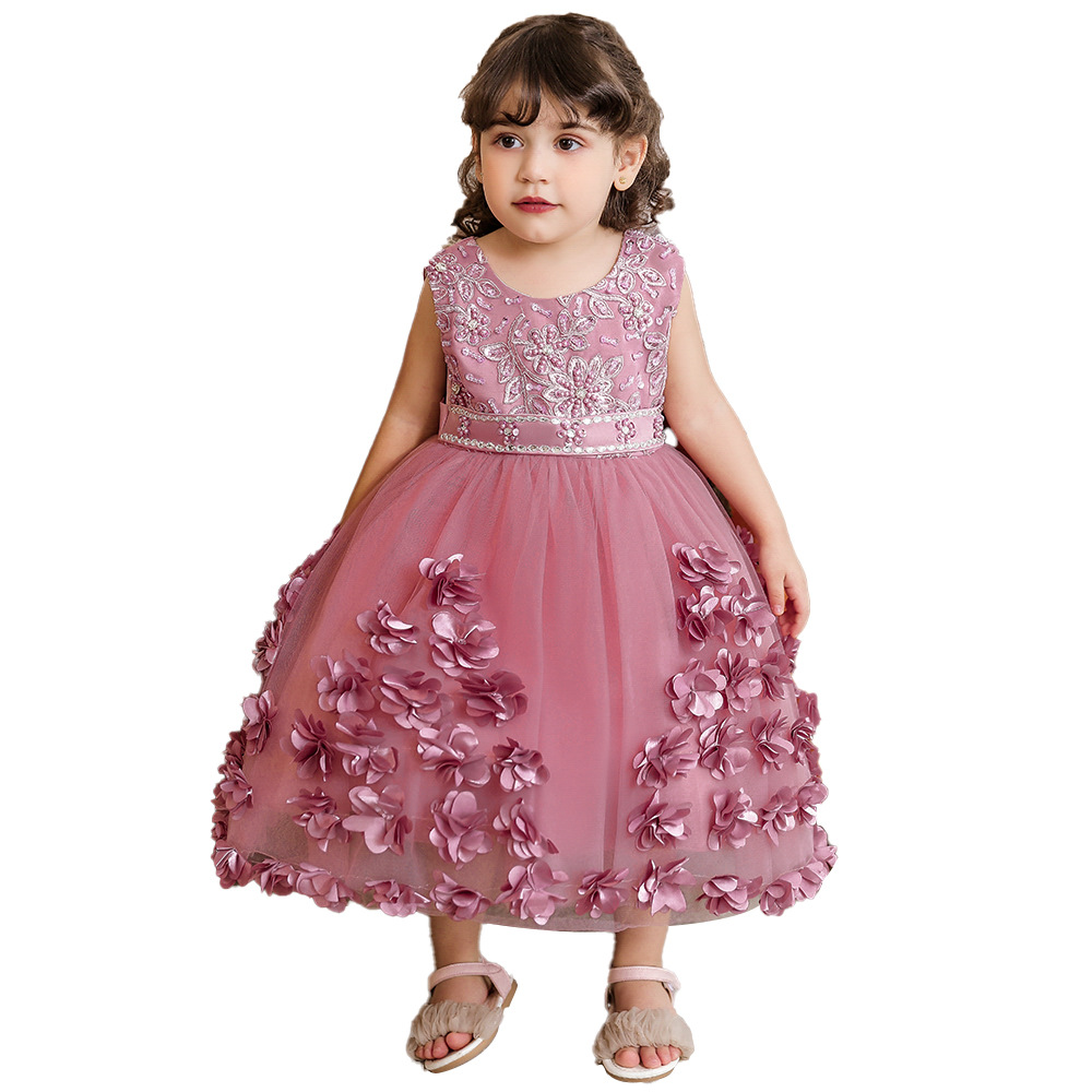 Ropa de niños europeos y americanos nuevas niñas vestido Flor de cuentas piano rendimiento vestido de boda niña princesa vestido