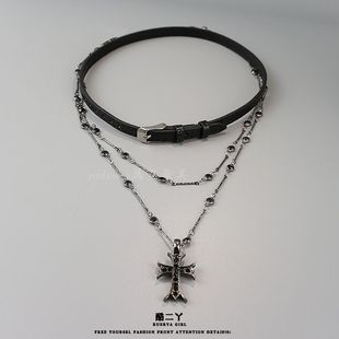 Black cross choker female long stacked y2k necklace female high sense clavicle chain hot girl sweet cool neck...