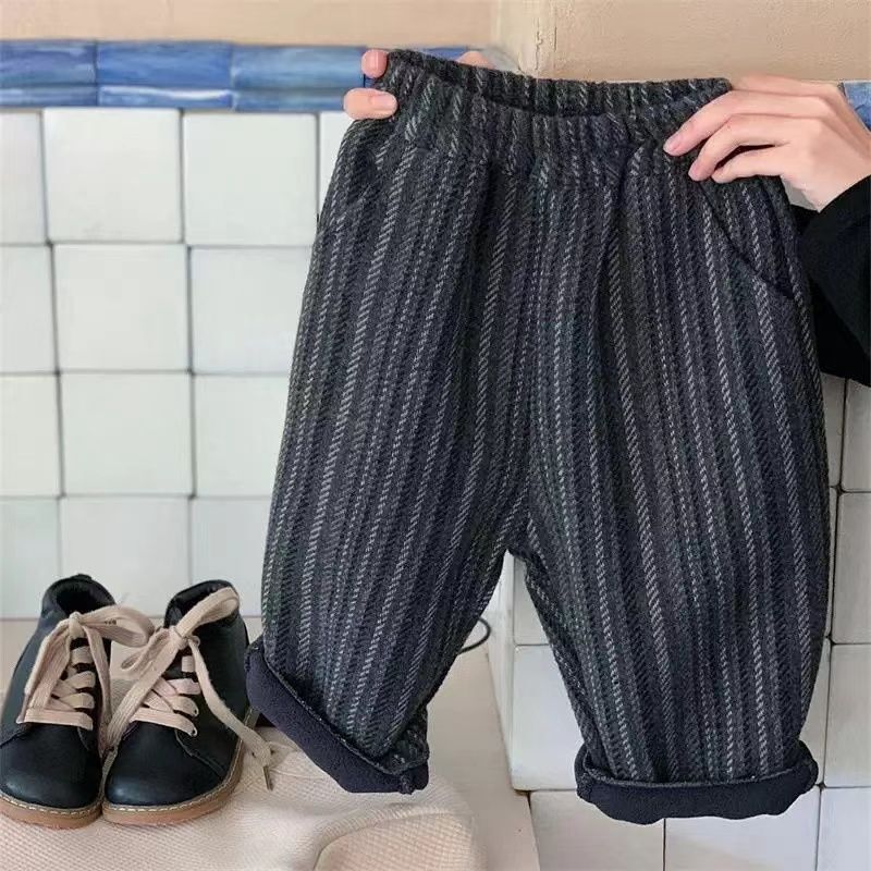 韩版儿童复古百搭加绒休闲裤男女宝宝一体绒加厚呢料条纹保暖长裤|undefined