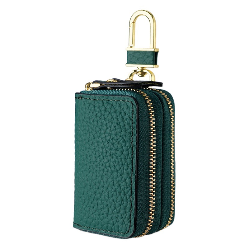 New double zipper car key leather case first layer cowhide car key case men and women cowhide hook key case