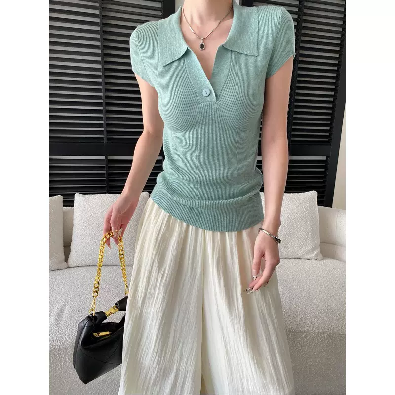 司南 高智淡人 时髦感一粒扣polo翻领修身显瘦针织衫短袖 SN8710