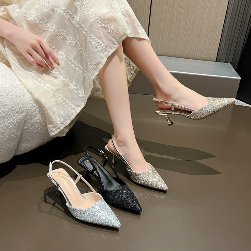 Французские сексуальные 2024 новые модные стразы Баотоу сандалии женские летние заостренные каблуки на каблуках