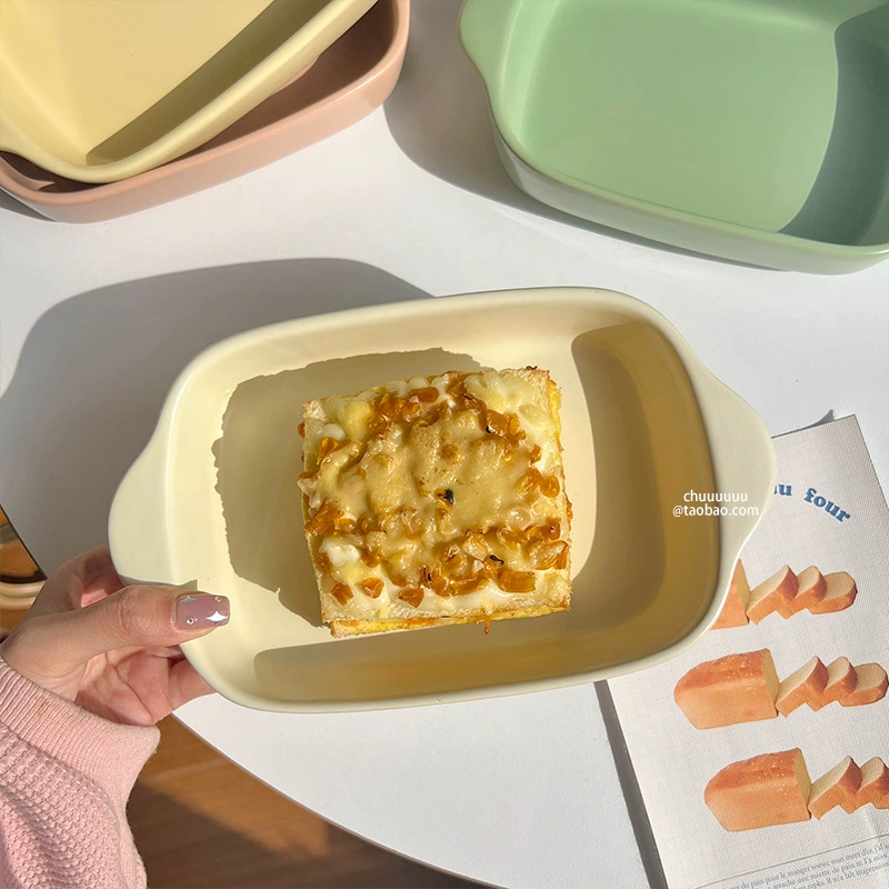 Керамическая rectangular форма для выпечки, духовка-safe, кремово-жёлтый/перламутровый/лотосовый/персиковый зелёный, с ручками