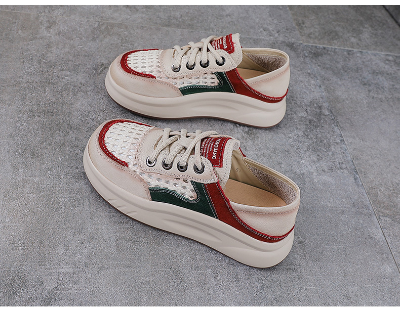 Giày sneaker nữ da bò lỗ thoáng khí dây buộc mũi tròn phong cách cổ điển — xanh lá cây chi tiết 11