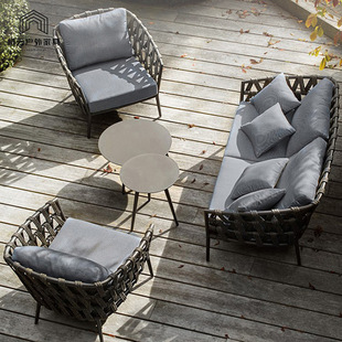 Nordic Outdoor Rattan Sofa Living Room Garden Courtyard Furniture Leisure Balcony Rattan Chair Table and Chair Three-Piece Set Combination
