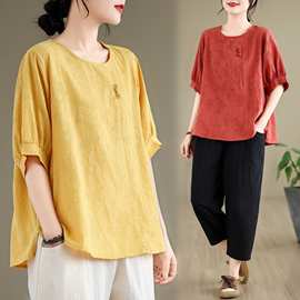 新款2025夏季小个子宽松显瘦棉麻中式提花上衣休闲哈伦裤套装女