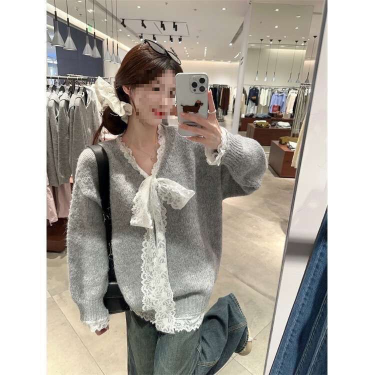 Korean Style Lazy Gray Lace Collar Sweater for Women in Autumn with Bow, Super Nice Loose Pullover Top Korean Style Lazy Gray Lace Collar Sweater for Women in Autumn with Bow, Super Nice Loose Pullover Top