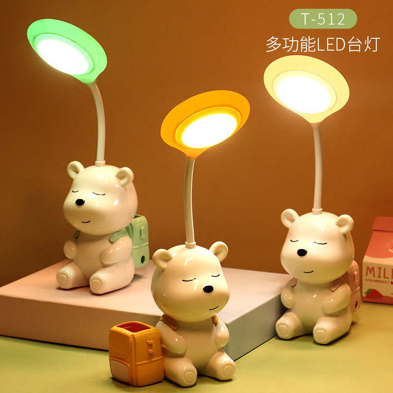 School bag, pens holder, sharpener, table lamp, with little bears, color
