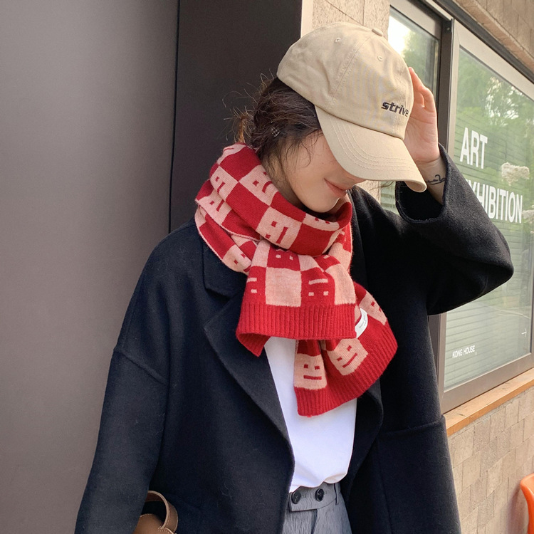 笑脸围巾女2022秋冬新款韩版甜美风时尚百搭长款毛线针织保暖围脖