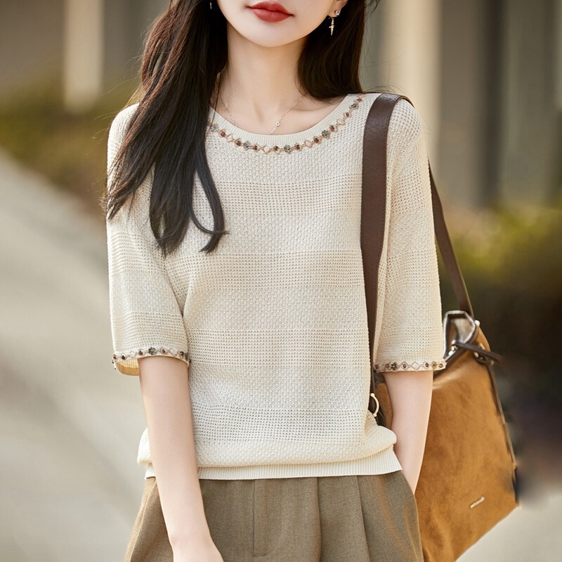 Women's Tencel Linen Lace Round Neck Pullover Short-Sleeved Summer New Style Lightweight and Breathable Half-Sleeved T-Shirt Trendy Women's Tencel Linen Lace Round Neck Pullover Short-Sleeved Summer New Style Lightweight and Breathable Half-Sleeved T-Shirt Trendy