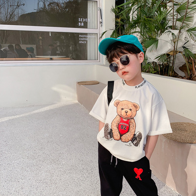 IM Children's clothing Boy Little Bear Short sleeved T-shirt 2021 summer new pattern CUHK children Korean Edition leisure time jacket wholesale