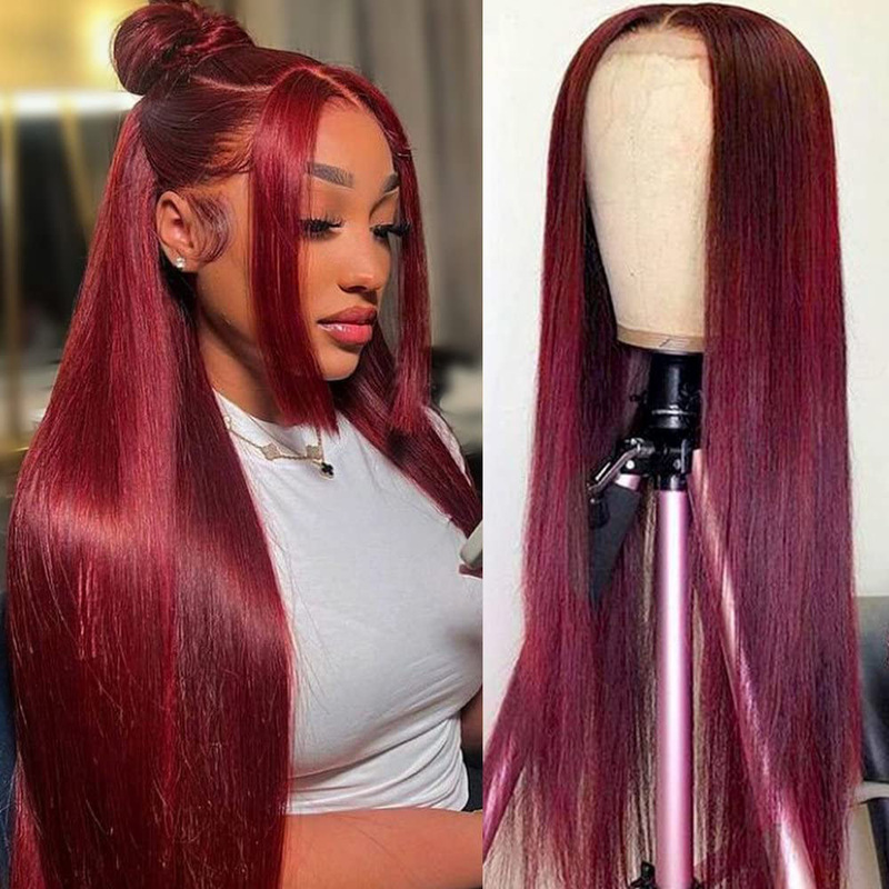 Real hair wine red 13*4 front lace wig 99j Straight human hair wig