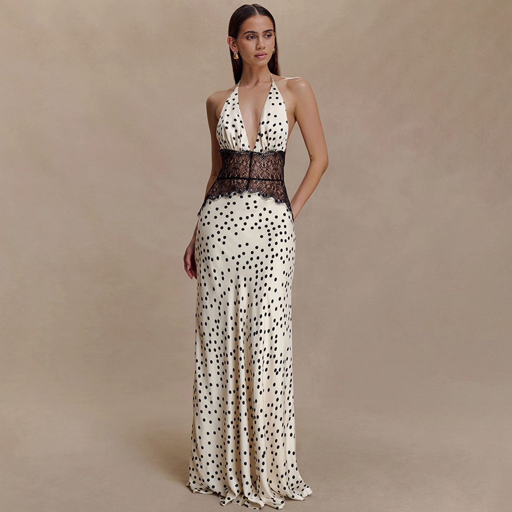 欧美外贸2025夏季新品优雅深V丝柔缎长裙拼接挂脖收腰性感连衣裙