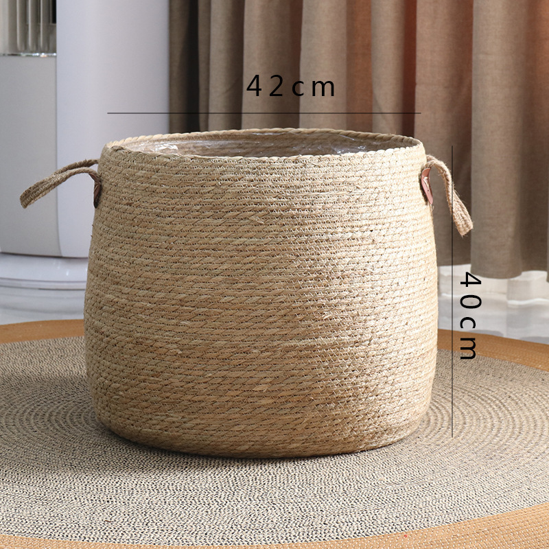 Cesta de flores de paja simple, maceta de planta de ratán, planta de piso redonda tejida, planta verde, canasta de almacenamiento de maceta grande