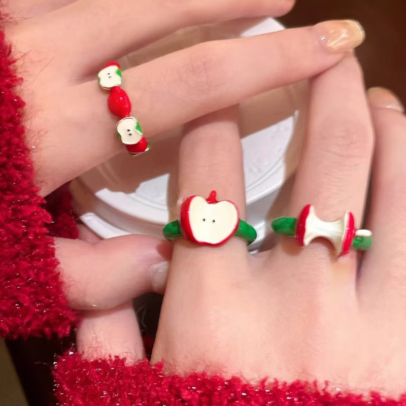 Sweet and Playful Red Apple Drip Glaze Ring for Women, Unique Niche Design Index Finger Ring, Adjustable Open Ring Sweet and Playful Red Apple Drip Glaze Ring for Women, Unique Niche Design Index Finger Ring, Adjustable Open Ring